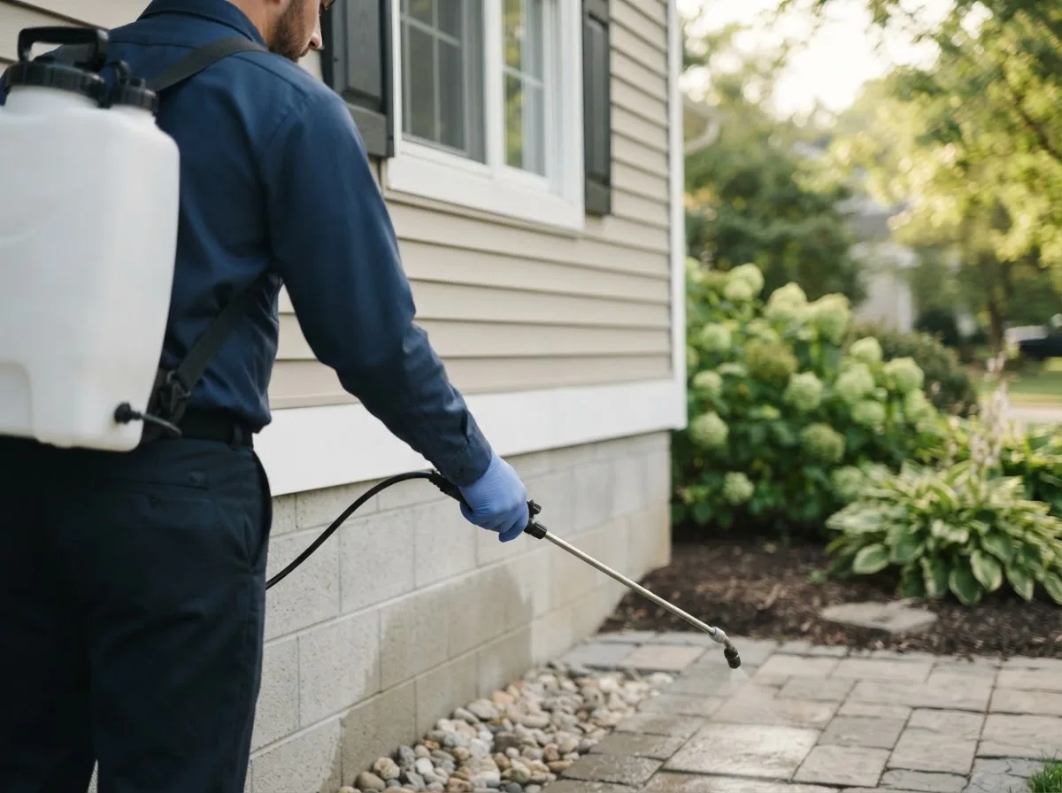 Pest control technician inspecting a home in Valders, WI